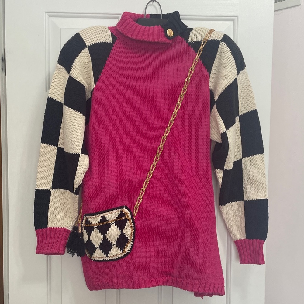 Gantos FUN FUN FUN Pink and Black Checkered Turtleneck Tunic Length Sweater